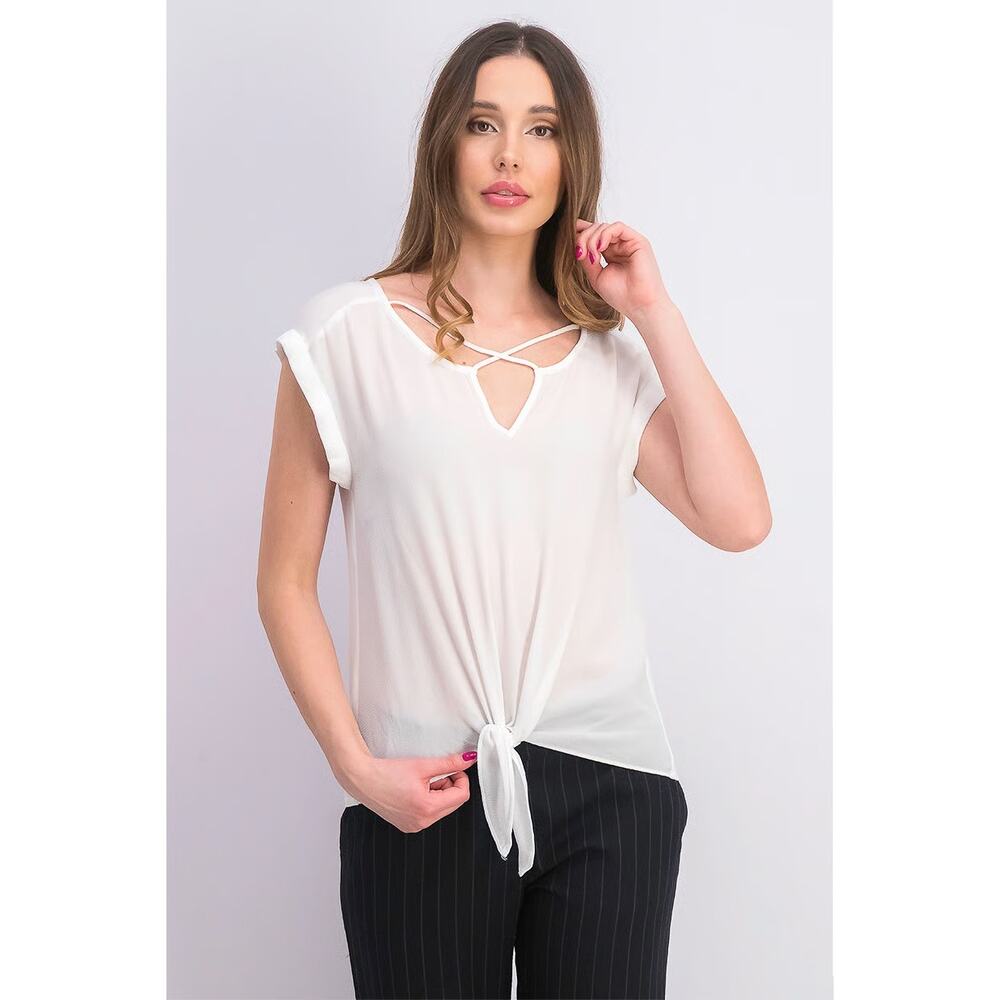 Stylish By & By White Crisscross Neck Tie Front Blouse - XL